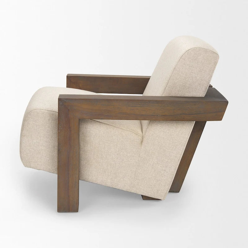 Poltrona decorativa Sovereign in tessuto beige con struttura in legno massello marrone scuro