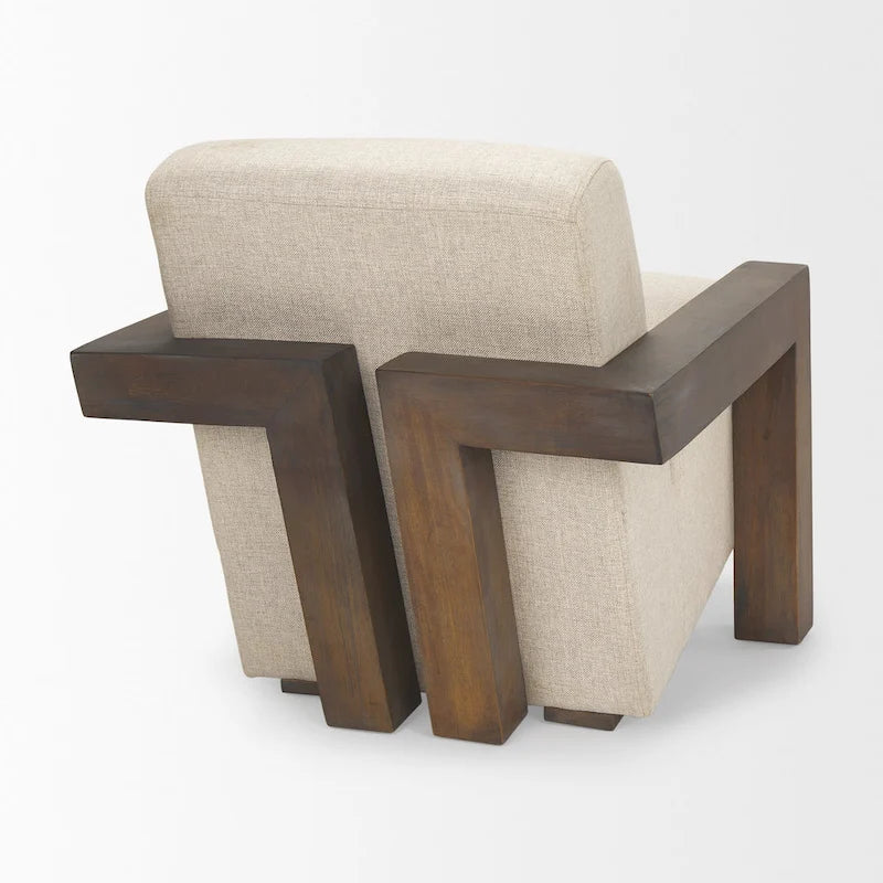 Poltrona decorativa Sovereign in tessuto beige con struttura in legno massello marrone scuro