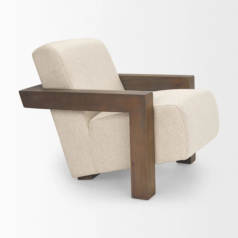 Poltrona decorativa Sovereign in tessuto beige con struttura in legno massello marrone scuro