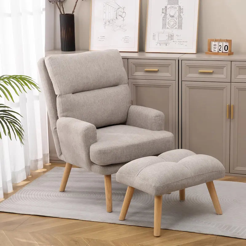Set di poltrona d'accento in tessuto con braccioli e pouf