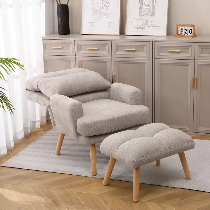 Set di poltrona d'accento in tessuto con braccioli e pouf