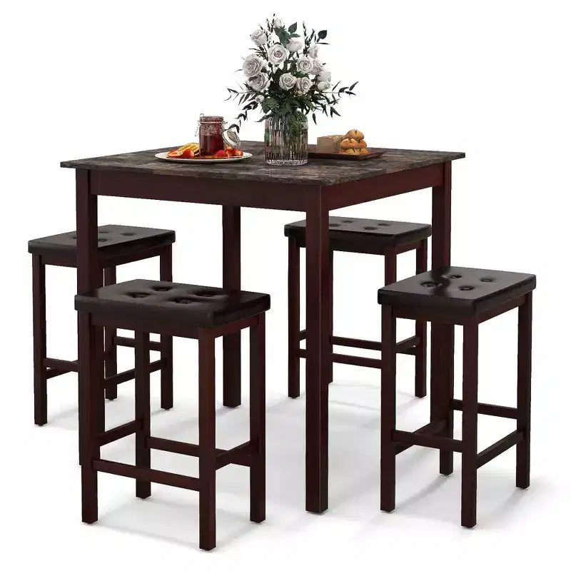 Costway Set Tavolo da Bar 5 Pezzi Tavolo Quadrato da Pranzo e 4 Sgabelli da Bar Imbottiti in Pelle PVC Marrone/Bianco