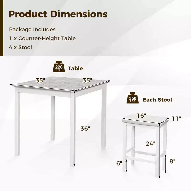 Costway Set Tavolo da Bar 5 Pezzi Tavolo Quadrato da Pranzo e 4 Sgabelli da Bar Imbottiti in Pelle PVC Marrone/Bianco