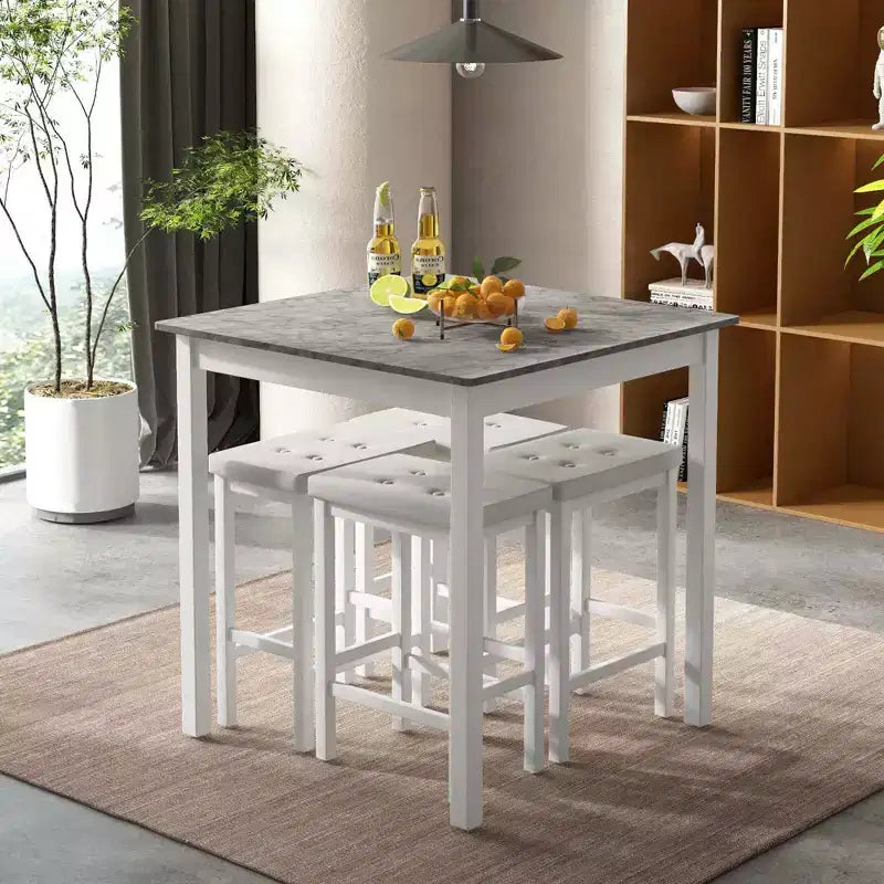 Costway Set Tavolo da Bar 5 Pezzi Tavolo Quadrato da Pranzo e 4 Sgabelli da Bar Imbottiti in Pelle PVC Marrone/Bianco