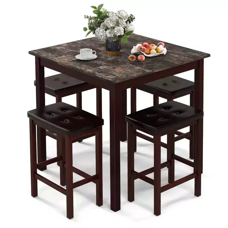 Costway Set Tavolo da Bar 5 Pezzi Tavolo Quadrato da Pranzo e 4 Sgabelli da Bar Imbottiti in Pelle PVC Marrone/Bianco