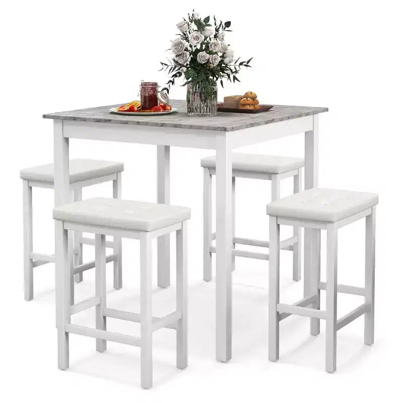 Costway Set Tavolo da Bar 5 Pezzi Tavolo Quadrato da Pranzo e 4 Sgabelli da Bar Imbottiti in Pelle PVC Marrone/Bianco