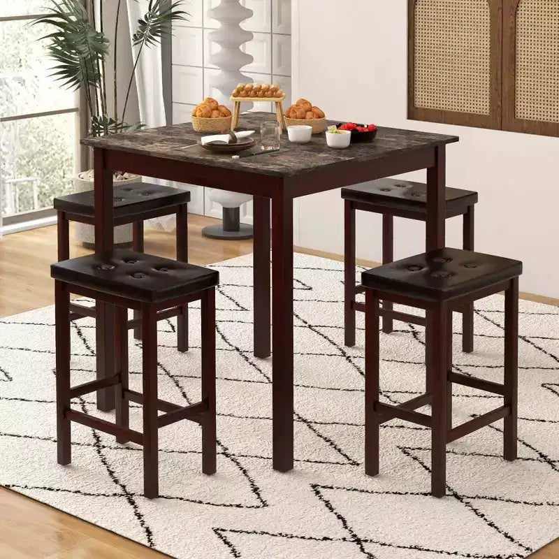 Costway Set Tavolo da Bar 5 Pezzi Tavolo Quadrato da Pranzo e 4 Sgabelli da Bar Imbottiti in Pelle PVC Marrone/Bianco
