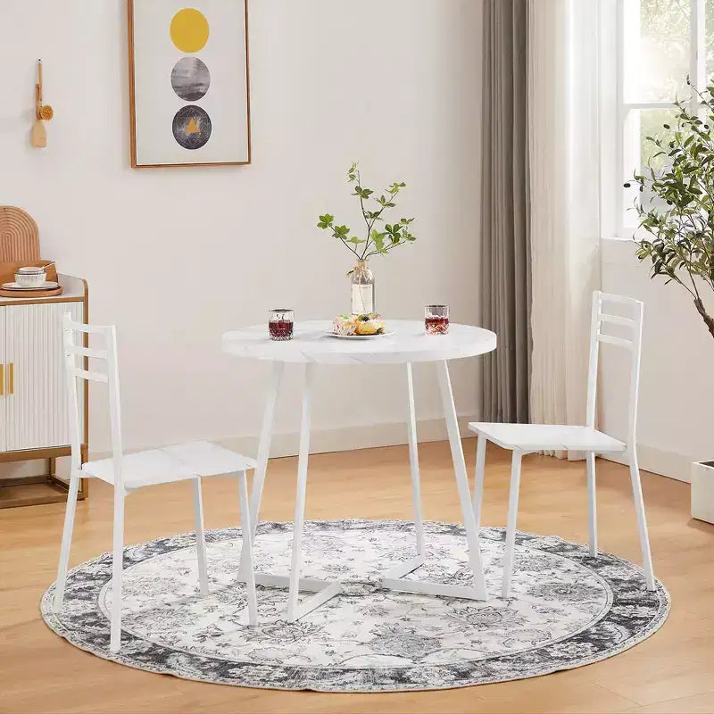 Set da pranzo a 3 pezzi VECELO, tavolo accentato e sedie moderni con piano rotondo in legno, altezza 76 cm, per stanza e piccoli spazi
