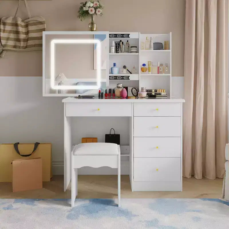 Famapy Tavolino da Trucco Bianco Elegante Specchiera da Trucco Specchio Illuminato con Cristalli Top in Vetro Cassettiera