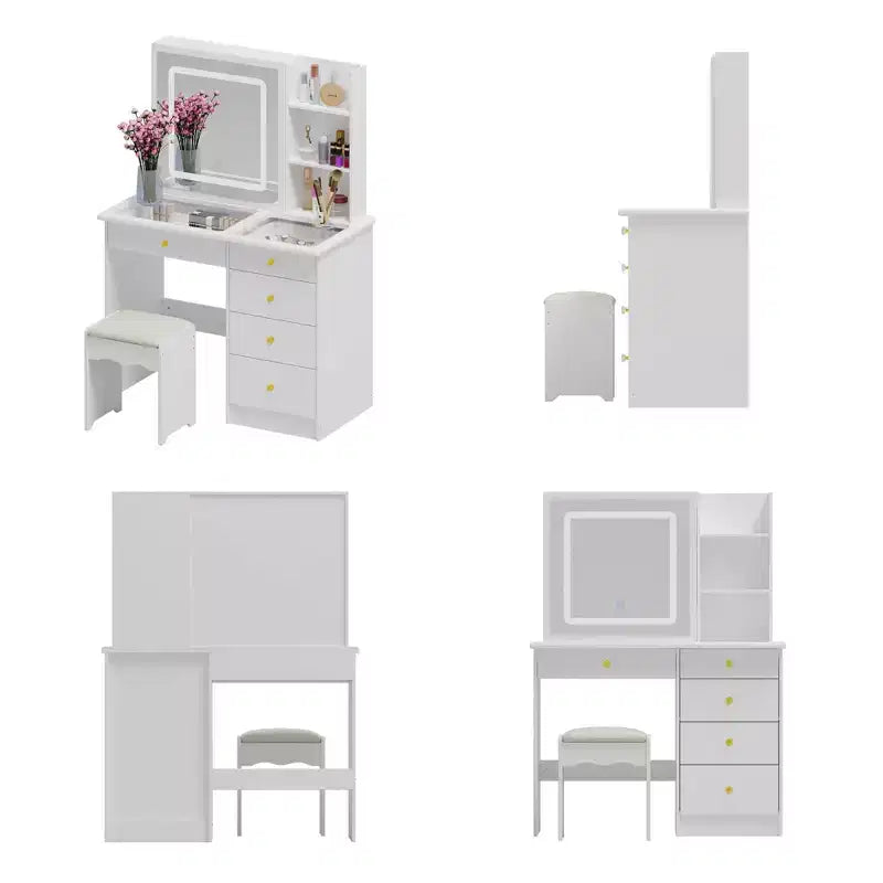 Famapy Tavolino da Trucco Bianco Elegante Specchiera da Trucco Specchio Illuminato con Cristalli Top in Vetro Cassettiera
