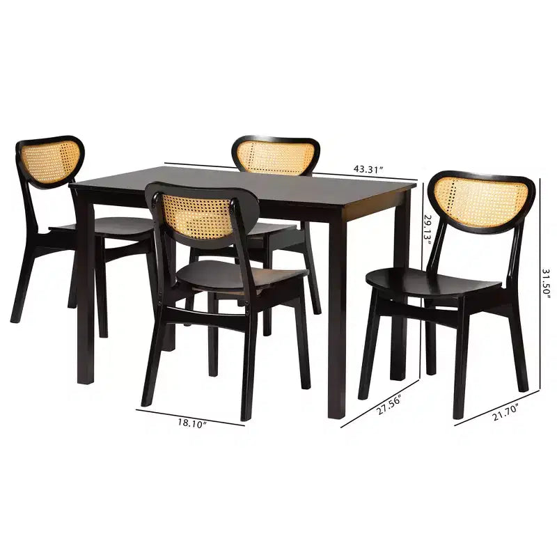 Set da pranzo di 5 pezzi in legno e rattan intrecciato Mid-Century Modern Baxton Studio Jeriah