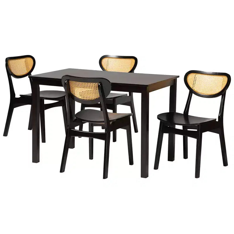 Set da pranzo di 5 pezzi in legno e rattan intrecciato Mid-Century Modern Baxton Studio Jeriah