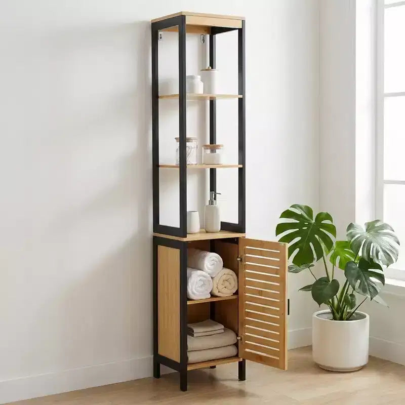 Cebu Elegante Colonna da Bagno Portabiancheria in Bambù 13.4L x 11.13P x 68A - Organizer Alto Contemporaneo Nero