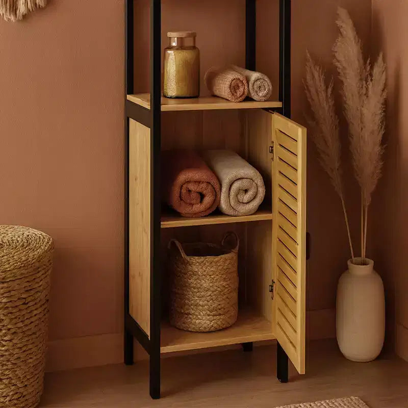 Cebu Elegante Colonna da Bagno Portabiancheria in Bambù 13.4L x 11.13P x 68A - Organizer Alto Contemporaneo Nero