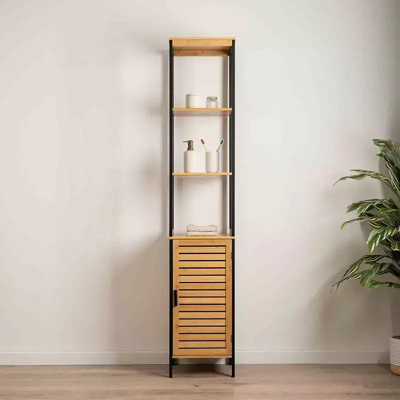 Cebu Elegant 13.4W x 11.13D x 68H Bamboo Linen Storage Tower - Contemporary Black Bathroom Tall Organizer