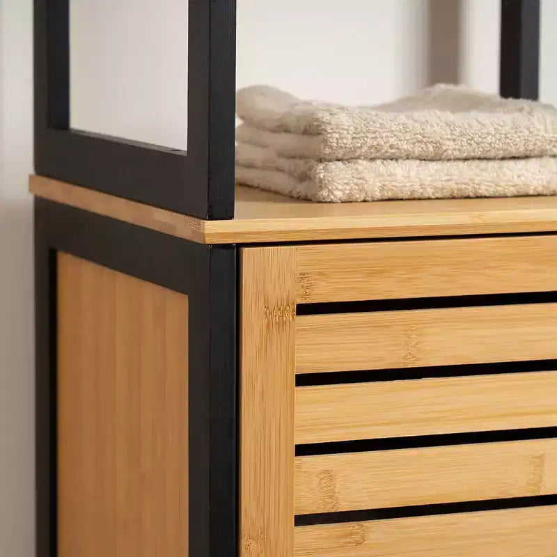 Cebu Elegante Colonna da Bagno Portabiancheria in Bambù 13.4L x 11.13P x 68A - Organizer Alto Contemporaneo Nero