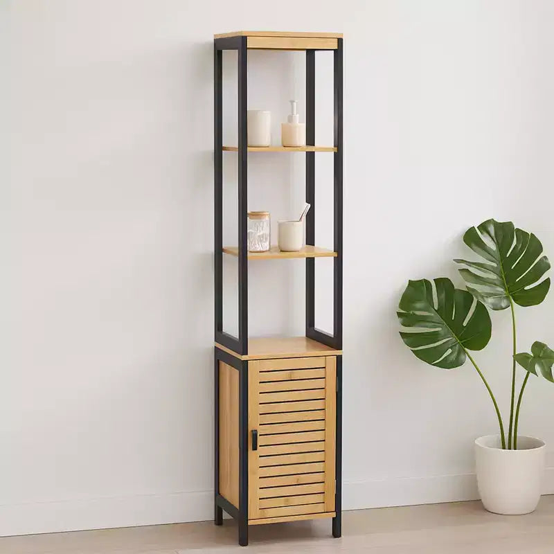 Cebu Elegante Colonna da Bagno Portabiancheria in Bambù 13.4L x 11.13P x 68A - Organizer Alto Contemporaneo Nero