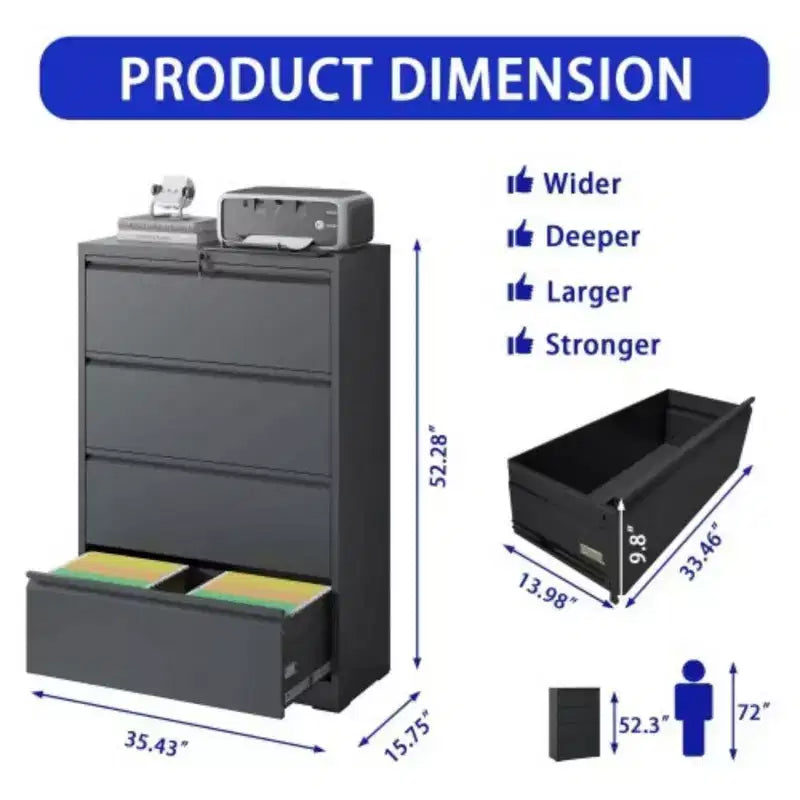 File Cabinet With 4 Drawers, Lock, 2 Keys, Quiet Storage Space Lockable Metal File Cabinet For Home Office, Files Legal, Letter, A4, F4 Size