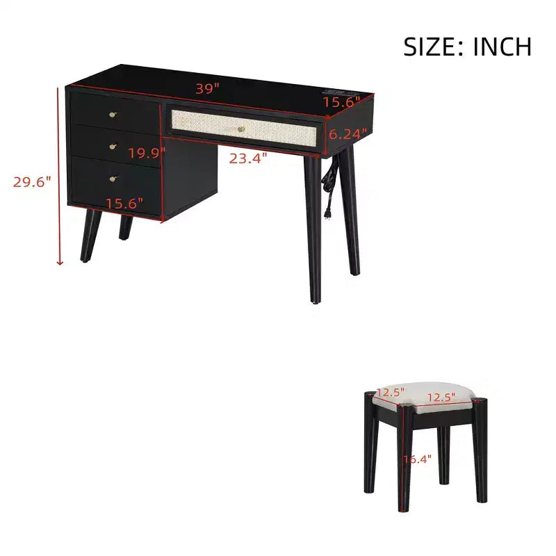 Set toeletta retrò 39W in legno con presa di ricarica e porta USB e sgabello, tavolo da trucco con 3 cassetti e 1 cassetto in rattan 4B - ModernLuxe
