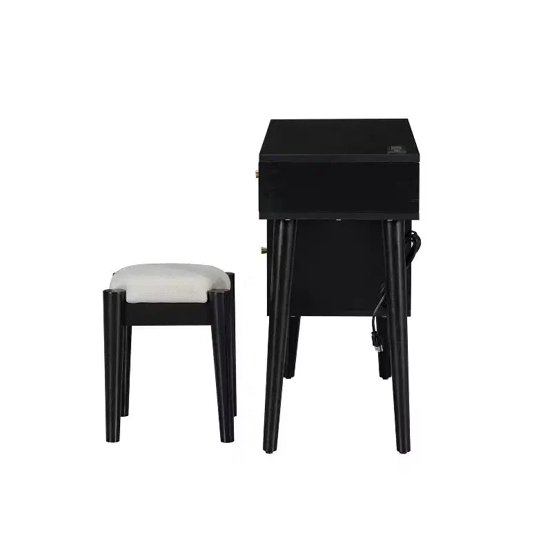 Set toeletta retrò 39W in legno con presa di ricarica e porta USB e sgabello, tavolo da trucco con 3 cassetti e 1 cassetto in rattan 4B - ModernLuxe