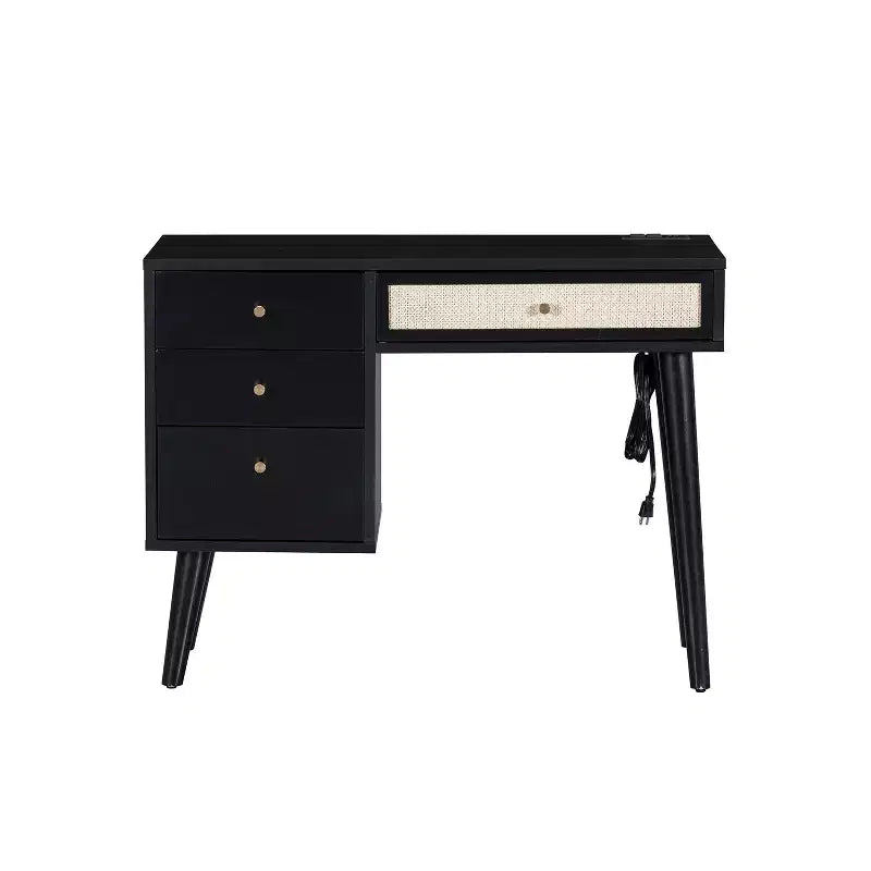 Set toeletta retrò 39W in legno con presa di ricarica e porta USB e sgabello, tavolo da trucco con 3 cassetti e 1 cassetto in rattan 4B - ModernLuxe