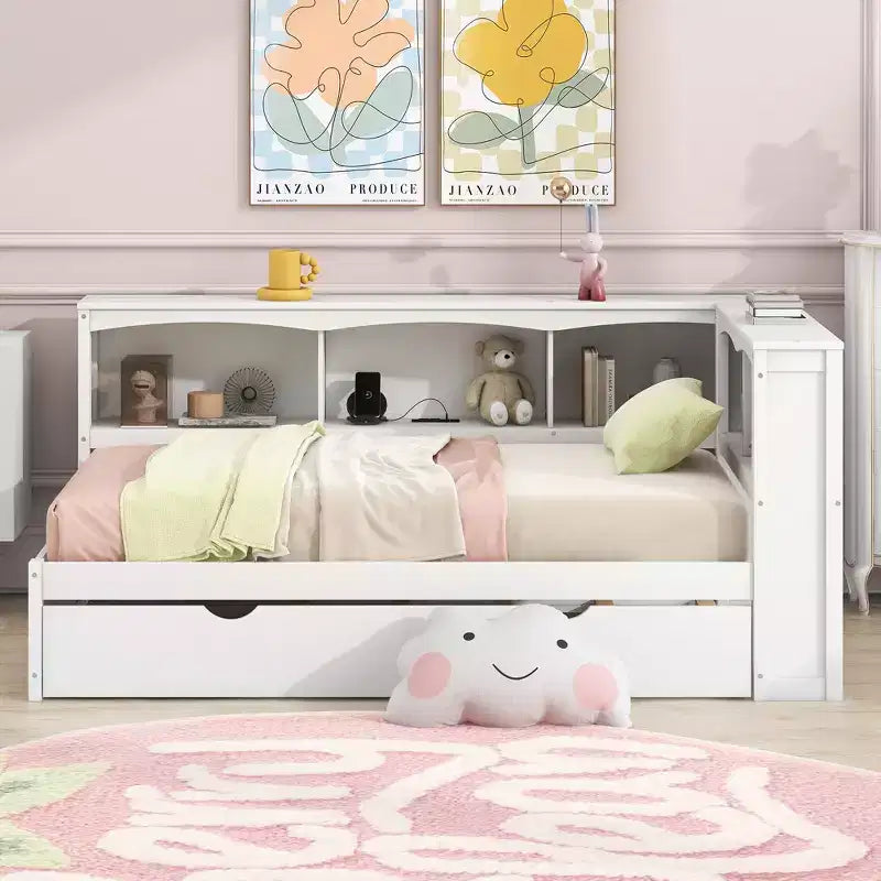 Twin Size Daybed with Trundle/2 Drawers, Storage Cabinets and USB Ports 4B