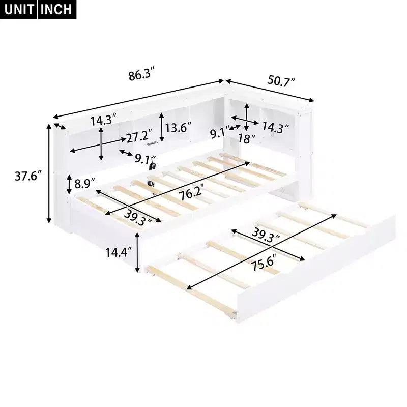 Twin Size Daybed with Trundle/2 Drawers, Storage Cabinets and USB Ports 4B