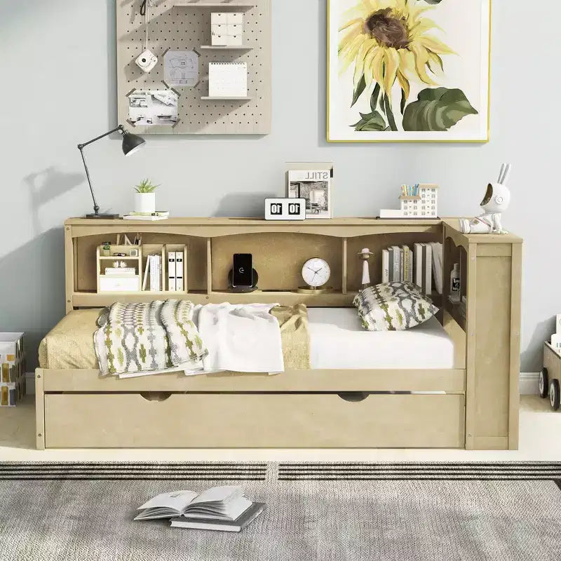 Twin Size Daybed with Trundle/2 Drawers, Storage Cabinets and USB Ports 4B