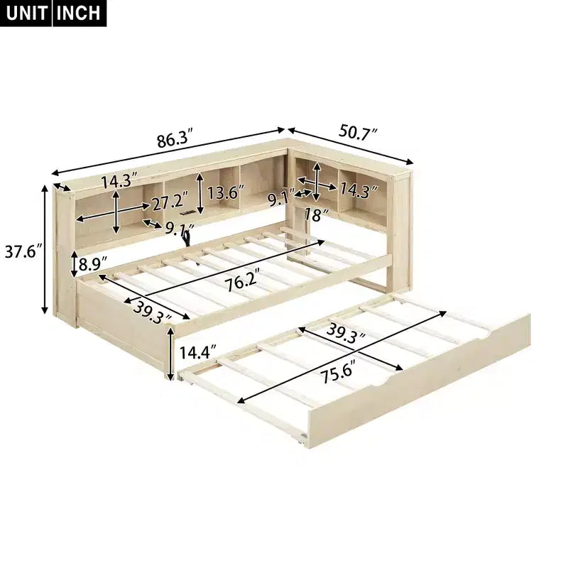 Twin Size Daybed with Trundle/2 Drawers, Storage Cabinets and USB Ports 4B