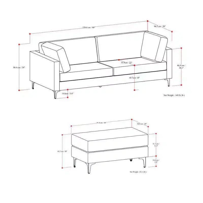 WyndenHall Lana 90" Mid Century Sofa with Ottoman Set