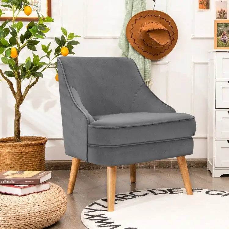 Poltrona imbottita in velluto con gambe in legno di gomma - 27 x 25 x 30 (L x P x A)