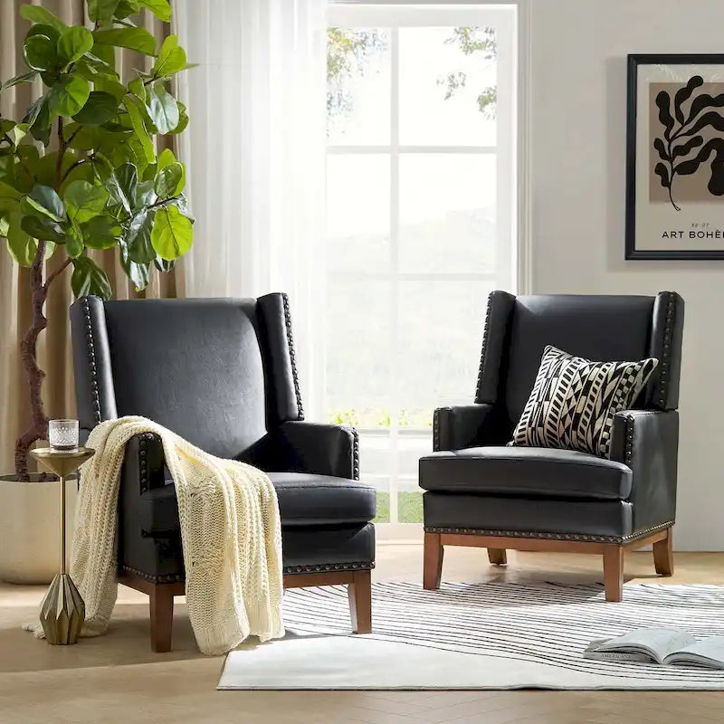 Poltrona Lourdes in vera pelle con struttura in legno massiccio e cuscino del sedile rimovibile, set da 2 di HULALA HOME