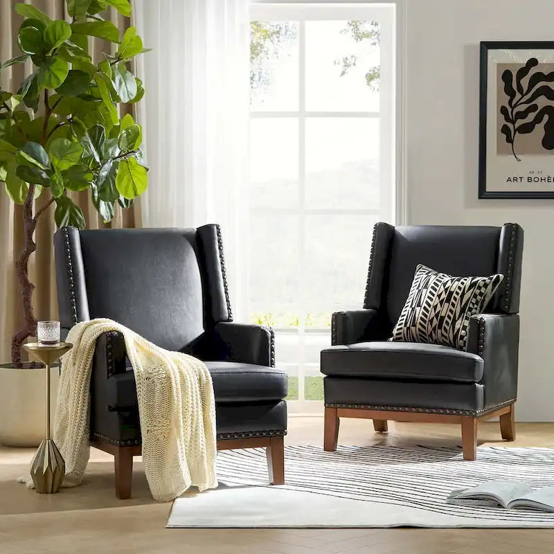 Poltrona Lourdes in vera pelle con struttura in legno massiccio e cuscino del sedile rimovibile, set da 2 di HULALA HOME