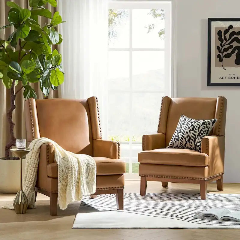 Poltrona Lourdes in vera pelle con struttura in legno massiccio e cuscino del sedile rimovibile, set da 2 di HULALA HOME
