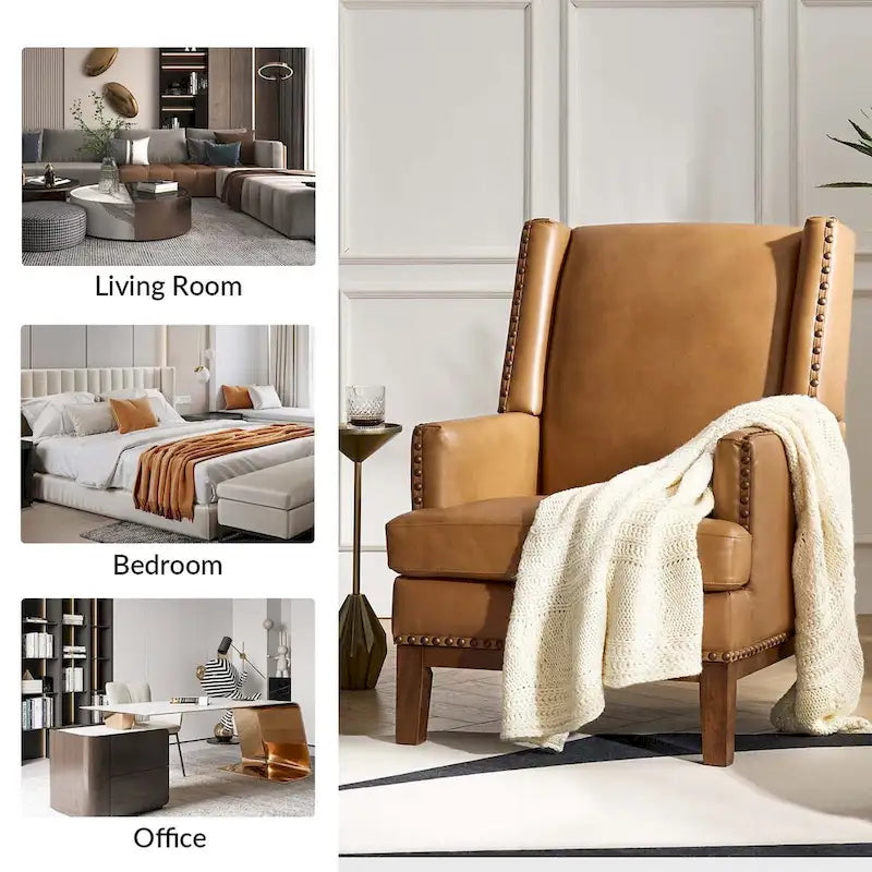 Poltrona Lourdes in vera pelle con struttura in legno massiccio e cuscino del sedile rimovibile, set da 2 di HULALA HOME