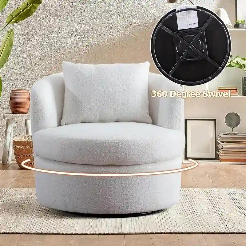 Poltrone rotonde a botte comode, rivestite in tessuto di lana d'agnello, girevoli a 360 gradi