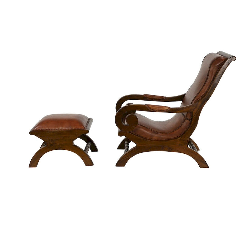 Poltrona d'accento imbottita in pelle fatta a mano in legno di teak con pouf - Marrone o Nero - Roche River Decor