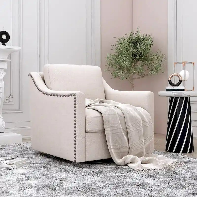 Poltrona girevole a 360 gradi, in tessuto cotone lino, design ergonomico, chiodi decorativi in ottone, gambe nere, adatta per il soggiorno