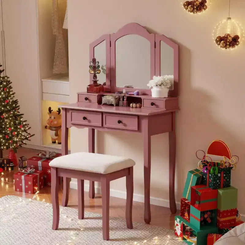 Set Sanlo tavolo trucco e sgabello in legno, oro rosa