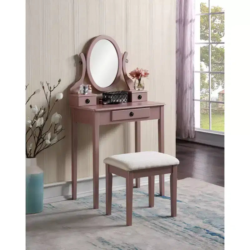 Roundhill Furniture Moniya Wood Makeup Vanity Table and Stool Set, Rose Gold