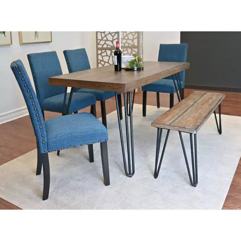 Set da pranzo Amisos da 6 pezzi, tavolo da pranzo con gambe a forcina con 4 sedie e una panca in legno, 3 opzioni di colore