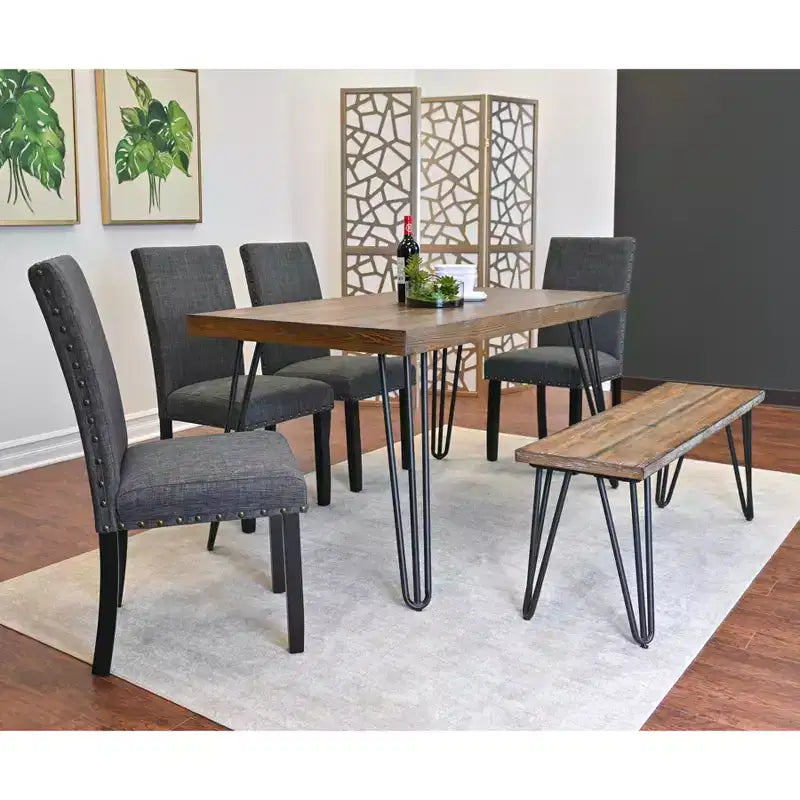 Set da pranzo Amisos da 6 pezzi, tavolo da pranzo con gambe a forcina con 4 sedie e una panca in legno, 3 opzioni di colore