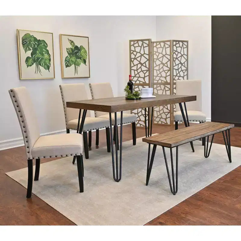 Set da pranzo Amisos da 6 pezzi, tavolo da pranzo con gambe a forcina con 4 sedie e una panca in legno, 3 opzioni di colore