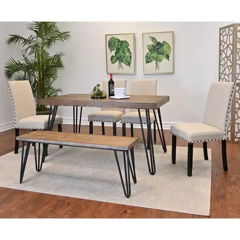 Set da pranzo Amisos da 6 pezzi, tavolo da pranzo con gambe a forcina con 4 sedie e una panca in legno, 3 opzioni di colore