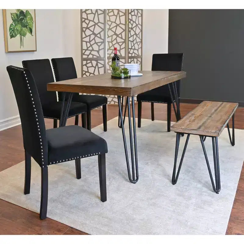 Set da pranzo Ashzo da 6 pezzi, tavolo da pranzo a forcina con 4 sedie e panca, 3 opzioni di colore