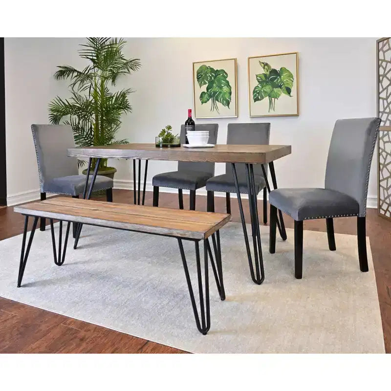 Set da pranzo Ashzo da 6 pezzi, tavolo da pranzo a forcina con 4 sedie e panca, 3 opzioni di colore