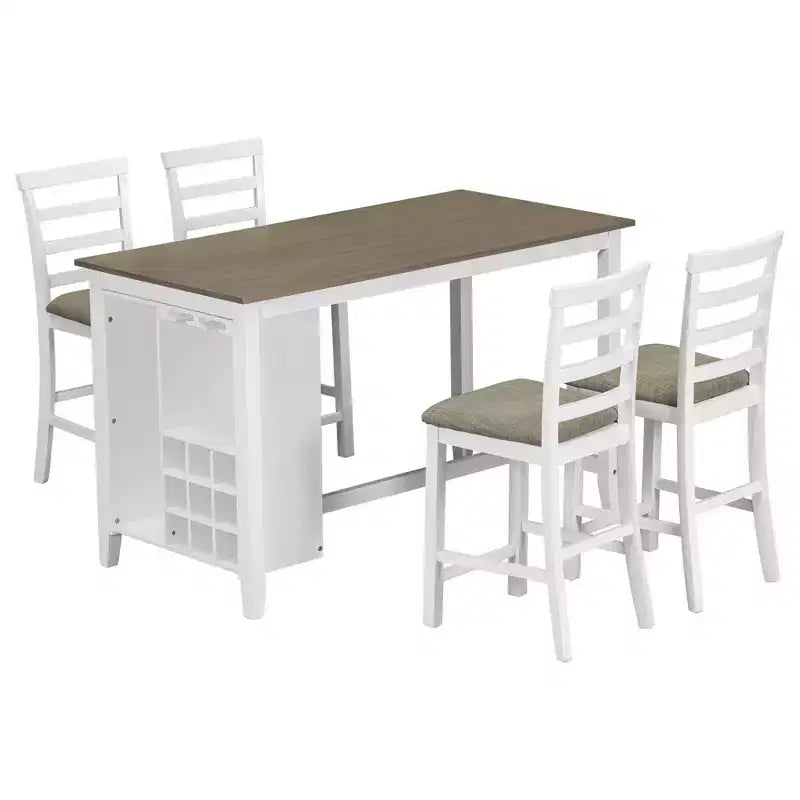 Set da pranzo Whisen a 5 pezzi multifunzione in legno di caucciù altezza bancone con 4 sedie imbottite