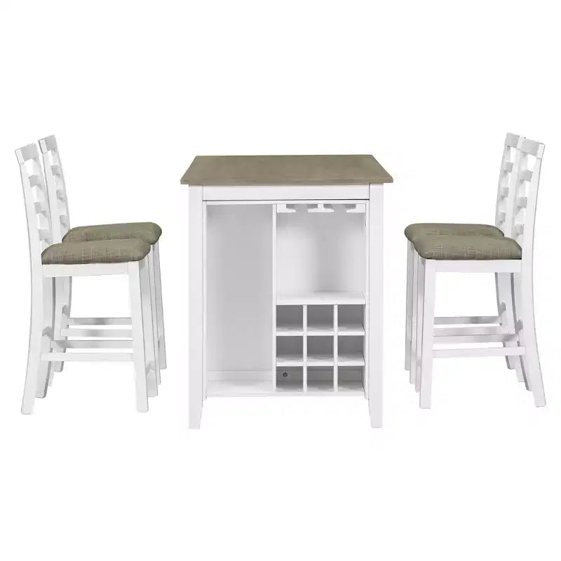 Set da pranzo Whisen a 5 pezzi multifunzione in legno di caucciù altezza bancone con 4 sedie imbottite