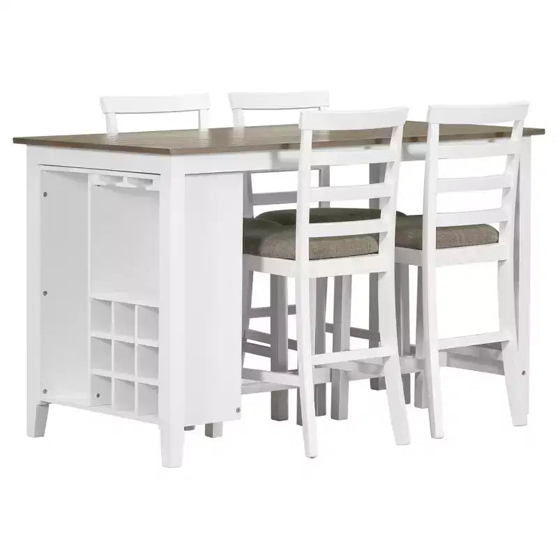 Set da pranzo Whisen a 5 pezzi multifunzione in legno di caucciù altezza bancone con 4 sedie imbottite