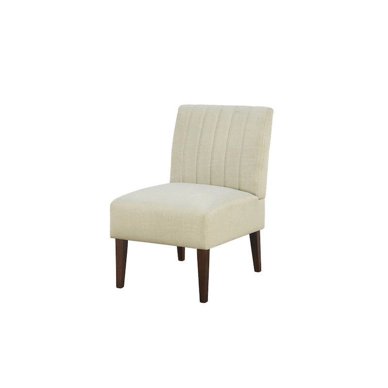 Paula 30 Inch Accent Chair, White Fabric, Channel Tufted Back, Brown Wood
